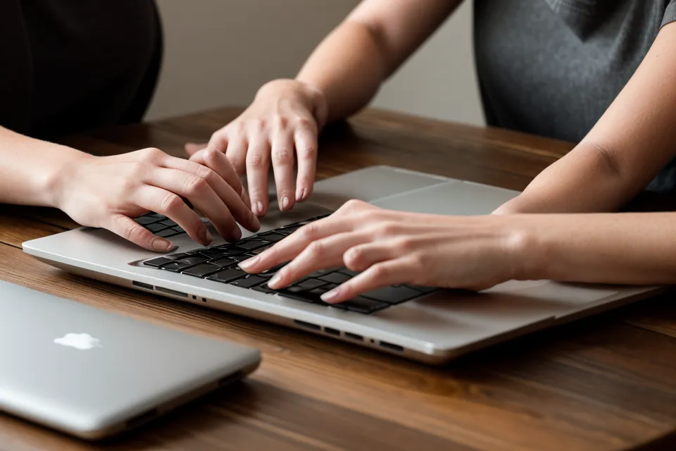Mujer revisando un curso de seguridad personal online en su laptop, taza de café al lado, aprendiendo prevención callejera