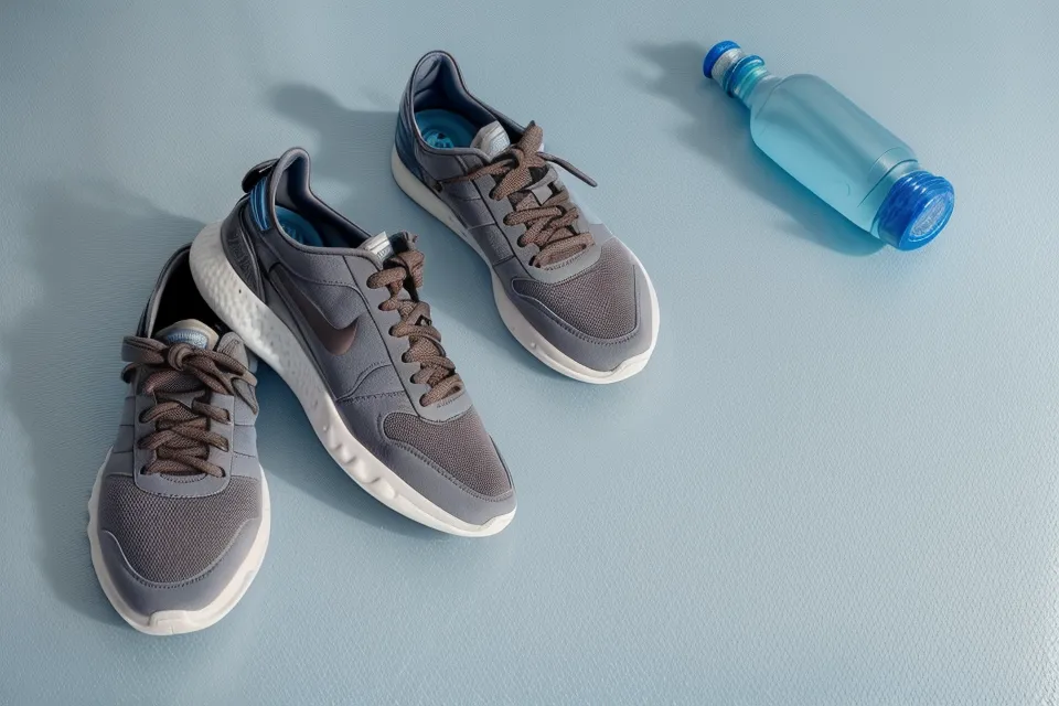 Zapatillas deportivas y botella de agua sobre una colchoneta de gimnasio con sombras de tarde.