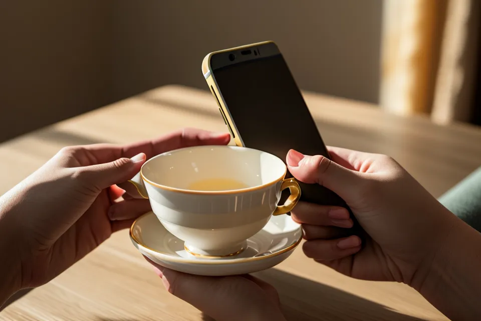 Prevención de asaltos: mujer revisando un curso de autodefensa online en el celular junto a una taza de té
