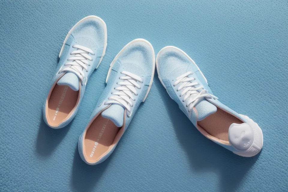 Zapatillas sencillas sobre un mat de entrenamiento azul en un salón de autodefensa femenina