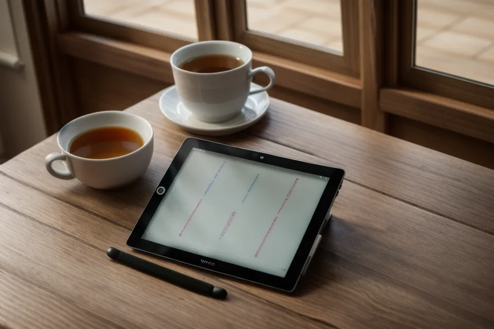 Una tablet mostrando un curso online de autodefensa junto a una taza de té, parte de la seguridad personal que se practica desde casa
