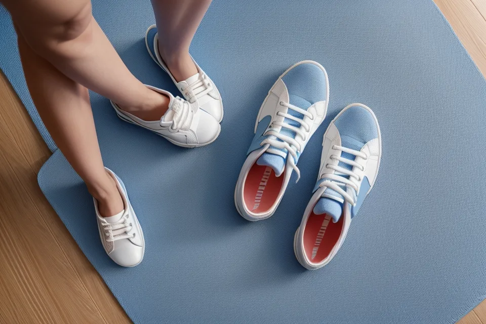 Pies de mujer con zapatillas deportivas en postura firme, ejercicio de autodefensa femenina para caminar con más confianza