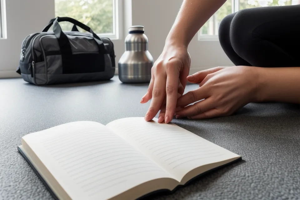 Manos de mujer tomando notas sobre autodefensa para mujeres en un cuaderno, apoyadas en una colchoneta de gimnasio.