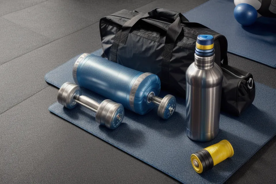 Botella de agua y bolso de gimnasio sobre colchonetas de entrenamiento, parte de la rutina de seguridad personal después de clase.